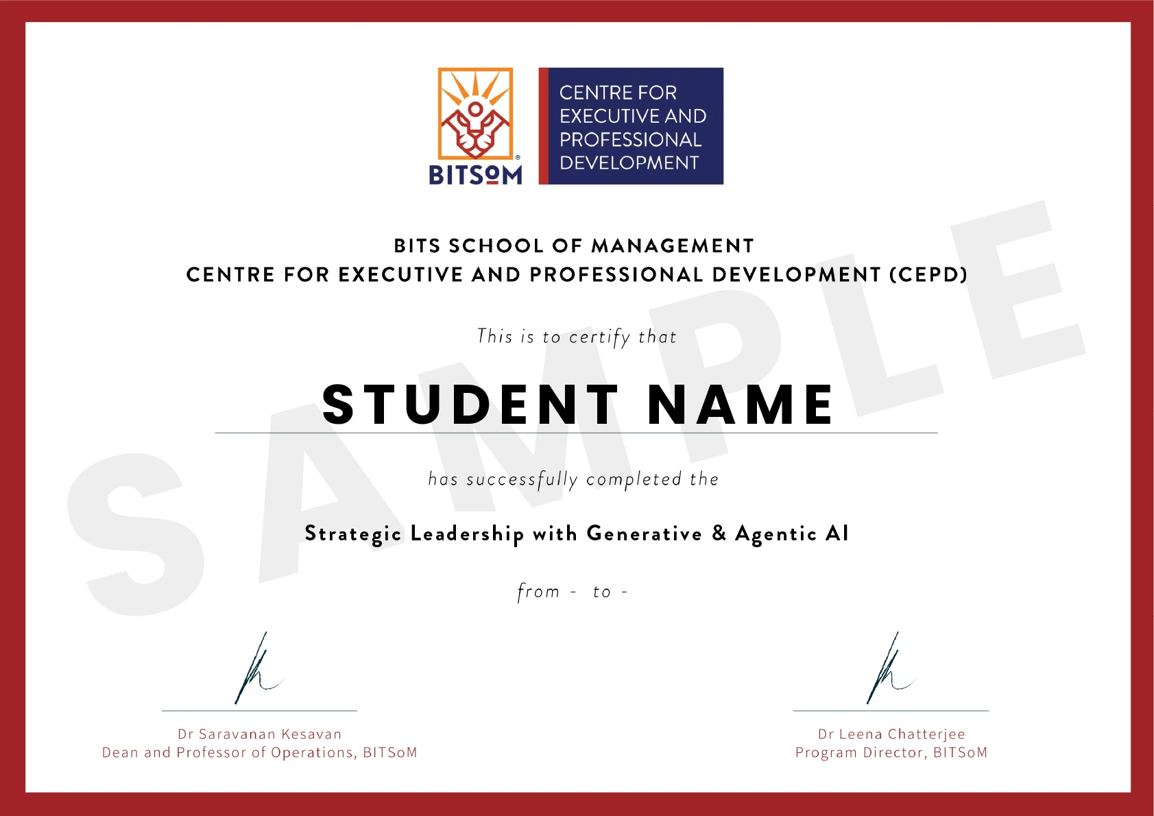 Sample program completion certificate — BITSoM CEPD