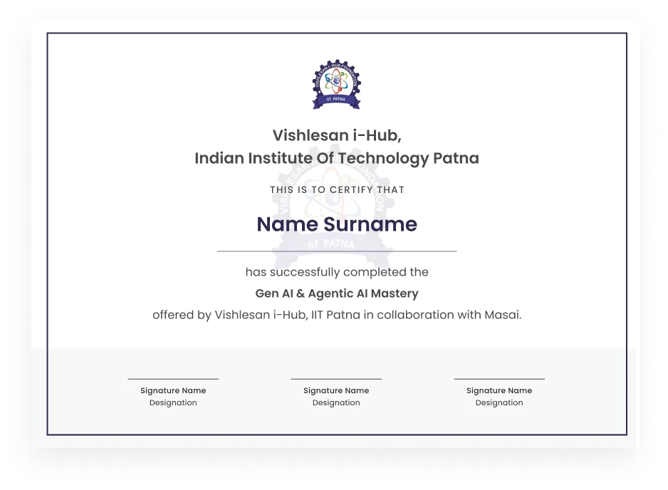 Sample certificate of completion for Gen AI & Agentic AI Mastery from Vishlesan i-Hub, IIT Patna