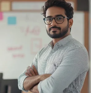 A founder standing with arms crossed in his office