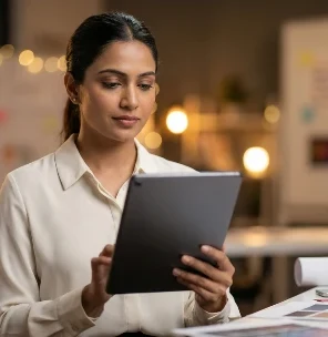 A product manager reviewing work on a tablet