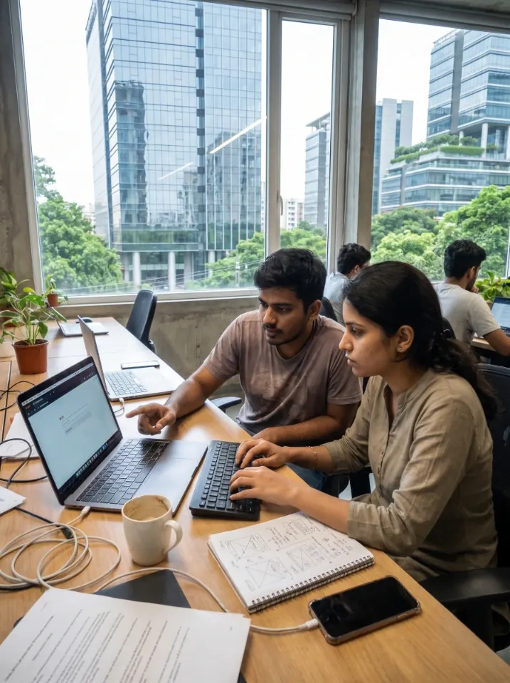 Two builders working side by side on their laptops